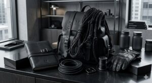Luxury black leather accessories with braided cords, backpack, gloves, and notebook on a modern desk.