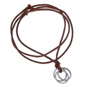 Brown leather cord necklace with silver ring pendant and adjustable knot design.