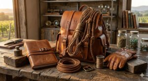 Warm tan leather backpack, journal, and gloves paired with rustic cords on an old wooden workbench.
