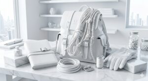 Elegant white leather accessories with braided cords, backpack, gloves, and notebook displayed on a marble desk.