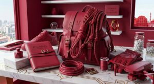 Premium red leather accessories with braided cords, backpack, gloves, journal, and travel gear on a luxury desk.