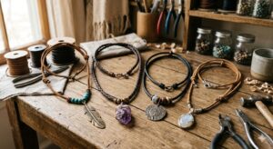 Four handmade leather cord necklaces with unique pendants—including a feather, amethyst crystal, vintage coin, and moonstone—displayed on a rustic wooden workbench alongside crafting tools.