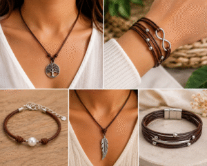 Stylish leather cord jewelry set for women featuring necklaces and bracelets with silver accents.