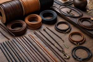 Flat lay of premium leather cords in dark brown, tan, and black, arranged by thickness on a wooden surface alongside handmade bracelets and necklaces with metal clasps and charms, softly lit with natural light.