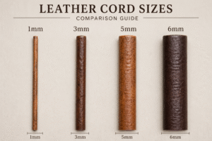 Educational comparison image of leather cords in four thicknesses—1mm, 3mm, 5mm, and 6mm—displayed side by side on a neutral background, highlighting texture and size differences with clear labels.