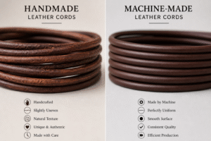 Split-frame comparison showing coiled leather cords: the left side features handmade cords with a slightly uneven, rustic texture, while the right side displays smooth, perfectly uniform machine-made cords, set against a clean neutral background.