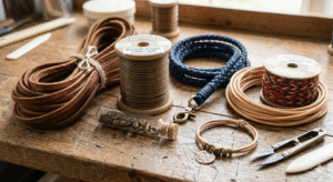 Variety of premium leather cords including brown flat strands, a bronze round cord spool, a braided blue lanyard, and a handmade beaded bracelet on a wood workbench.