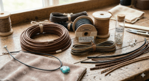 Selection of leather jewelry supplies, including brown and black cord coils, a turquoise pendant, and silver findings in a vial on a workbench.