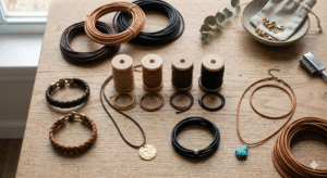 A high-angle, minimalist flat lay of premium leather crafting supplies on a light-colored wooden surface.