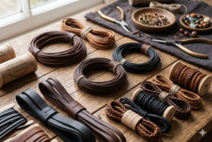 Neat bundles of brown, black, and tan leather cords with jewelry tools on a wooden surface.