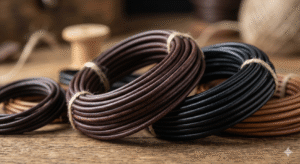 Macro close-up of coiled dark brown and black leather cords on a rustic wooden surface.