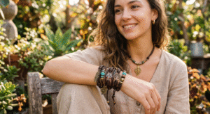 A lifestyle photograph of a smiling woman sitting outdoors in a sun-drenched garden, showcasing a collection of handmade leather cord jewelry