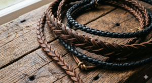 Close-up photo of coiled brown and black braided leather cords with a small brass ring on a rustic wooden table.
