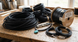 Bulk 6mm black flat leather cord spool alongside loose coils and finished turquoise pendant necklaces on a wooden workbench.