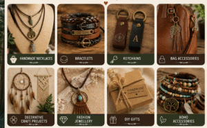 Handmade leather jewellery and accessories collection including necklaces, bracelets, keychains