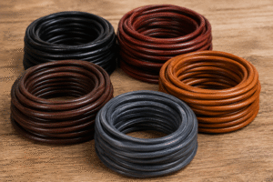 Premium round leather cords in black, brown, and tan colors