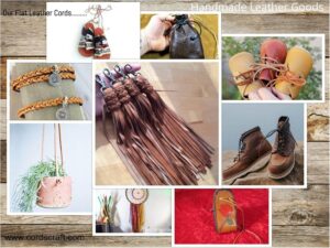 Collage of handmade leather goods created using flat leather cords, including bracelets, tassels, shoes, bags, boots, plant hangers, and craft accessories.