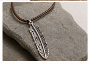 Black leather cord necklace with pendant on white background