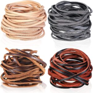 Assorted flat leather cords in beige, black, brown, and reddish-brown colors neatly coiled for jewellery making and craft projects.