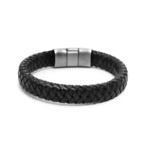 Black braided leather bracelet with a stainless steel magnetic clasp on a plain white background.