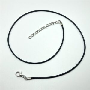 Simple black leather cord necklace with silver clasp and adjustable chain extension displayed on a white background.