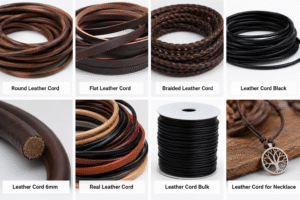 Collection of round, flat, braided, black, and bulk leather cords for jewelry and necklace making.