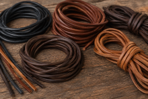 Premium leather cords in various colors neatly coiled on a rustic wooden surface.