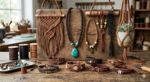 A rustic workshop display of handcrafted leather cord jewelry and macramé accessories, including braided necklaces with turquoise stones, layered bracelets, and a hanging plant holder on a wooden board.