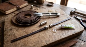 Leather crafting supplies on a wooden workbench, including leather strips, cutting tools, glue, and metal clasps.