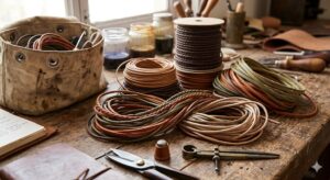 Leather cords and crafting tools arranged on a rustic workbench, featuring coils of round, flat, and braided leather in natural tones.