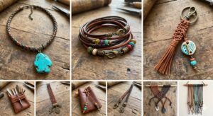 Collection of handmade leather jewelry and accessories, including necklaces, bracelets, keychains, and braided pendants with colorful beads and charms.