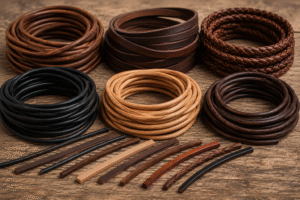 Assorted leather cords in black, tan, and brown colors, neatly coiled and arranged on a wooden surface, featuring round, flat, and braided styles.