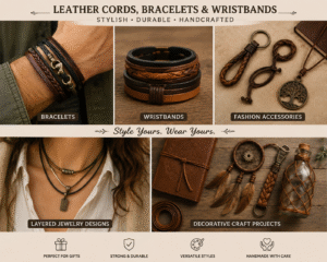 Leather cord accessories featuring bracelets, wristbands, layered necklaces, and decorative craft projects displayed in a stylish handcrafted collage.