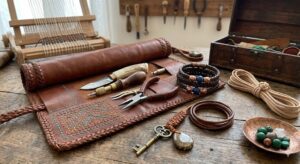Leather crafting workspace featuring handmade bracelets, cords, tools, beads, and stitched leather accessories arranged on a wooden table.