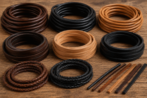 Assorted leather cords in round, flat, and braided styles, arranged in brown, black, and tan colors on a wooden surface.