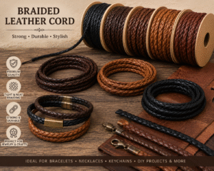 Braided leather cords in black, brown, and tan colors displayed on wooden spools with handmade bracelets and leather craft accessories on a rustic wooden surface.