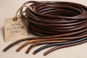 Close-up of real leather cords in various brown shades, neatly coiled and displayed on a neutral background, highlighting the natural texture and premium quality of genuine leather.