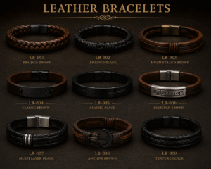Display of nine leather bracelets in braided, classic, and multi-strand styles in brown and black shades.