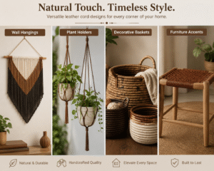 Decorative home décor display featuring leather cord wall hangings, hanging plant holders, woven baskets, and furniture accents arranged in a warm, natural interior setting.