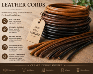Premium leather cords in multiple shades of brown and black, neatly coiled on a wooden surface with a genuine leather tag, showcasing durability, natural texture, and versatility for crafting projects.