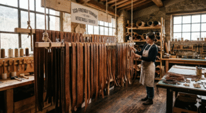 A craftswoman in a rustic European workshop inspects premium vegetable-tanned leather strips hanging to dry, highlighting sustainable and eco-friendly manufacturing.