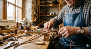 A close-up view of a skilled German leather craftsman using traditional tools to meticulously braid leather cords into a premium bracelet in an authentic, sunlit workshop.