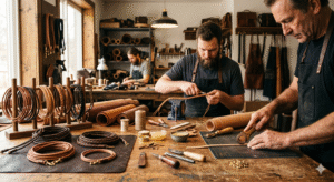 Artisans hand-crafting premium leather cords in a professional workshop.