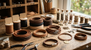 A rustic wooden workbench featuring various spools of leather cord, jewelry tools, and finished handmade bracelets.