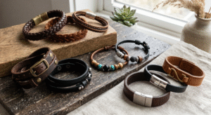 Handmade leather bracelets in various styles arranged on a textured display.