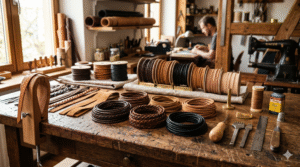 A premium collection of round, flat, braided, and suede leather cords displayed on a rustic wooden workbench in a German artisan workshop, surrounded by traditional leathercraft tools.