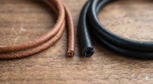 : Detailed comparison of 3mm brown and 5mm black leather cords on a textured wood surface