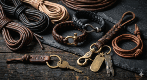 Professional close-up of premium, rustic leather cords, braided bracelets, and brass-hardware accessories on a dark wood and slate surface.