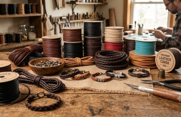 Premium leather cords and jewelry-making workspace.