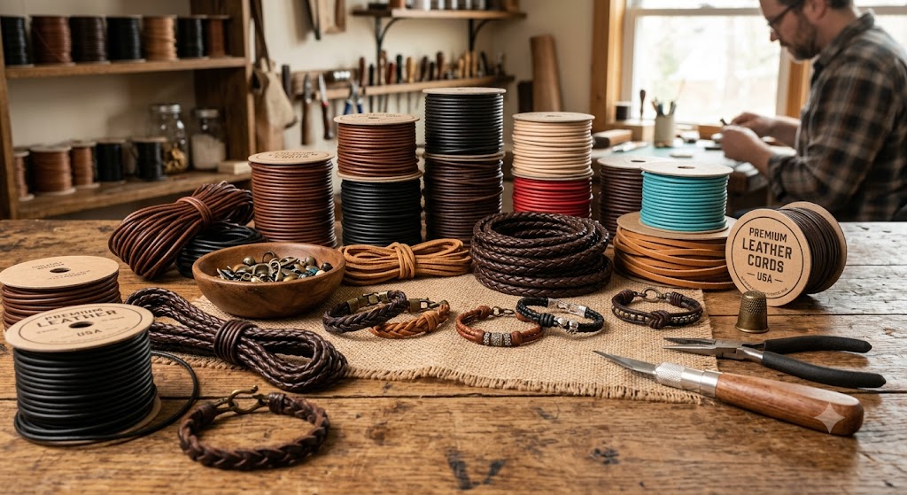 Premium leather cords and jewelry-making workspace.